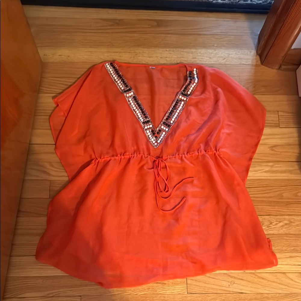 Orange Beaded V-Neck Beach Coverup